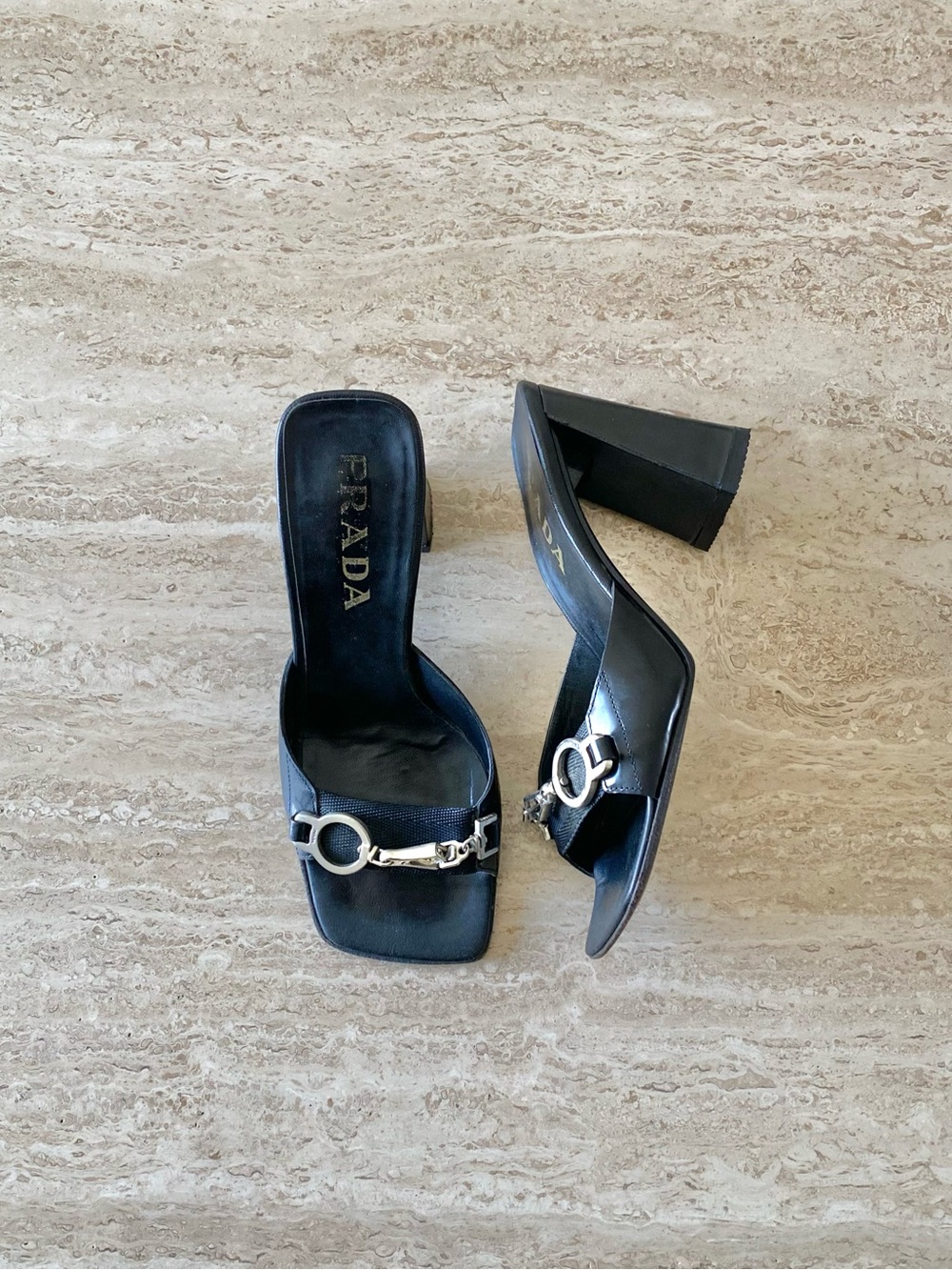Vintage Prada Clasp Hardware Mule Block Heel Sandals